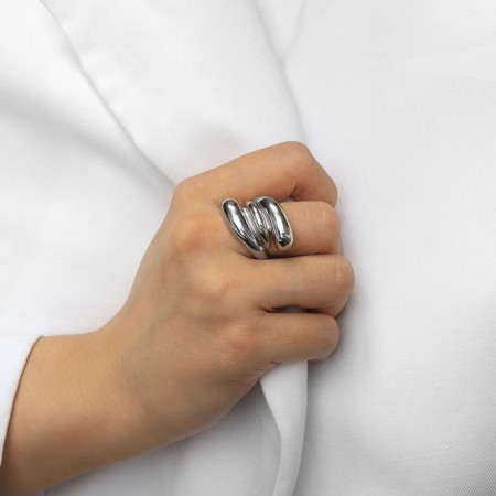 Ring Metal "Trend" triple wave, silver color, size 17-3