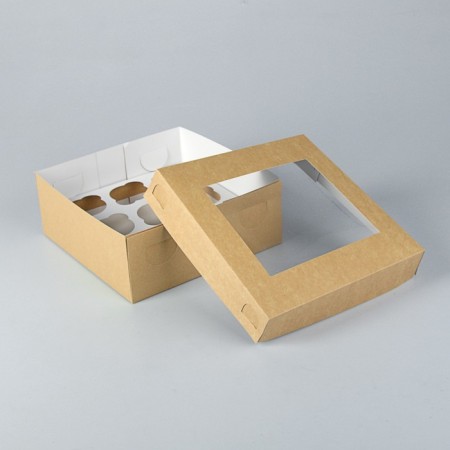 Box for cupcakes with a window for 9 pcs, craft, 25 x 25 x 10 cm-1