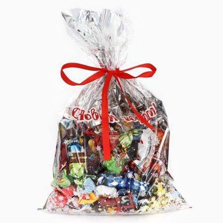 Gift package Happy New Year+candies 25 x 40 cm, colored metallized pattern mix-3