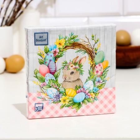 Easter napkins paper art bouquet “Easter wreath with rabbit”, 3 layers, 33x33 cm, 20 pcs