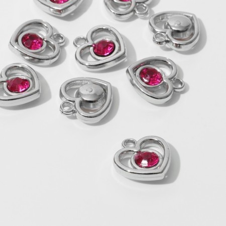 Suspension "Heart" 2.4 × 2.2 × 0.8 cm, (set 10 pcs.), Bright pink color in silver