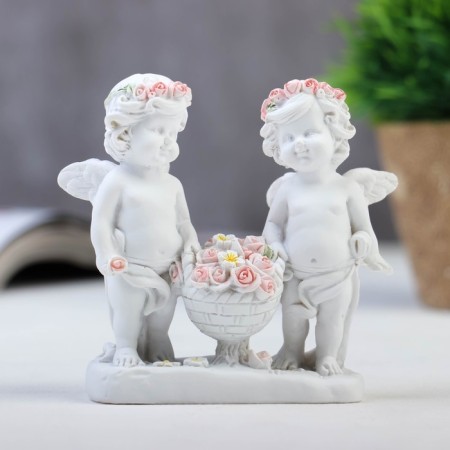 Polystone souvenir "Snowty angels in pink wreaths with roses basket" 9x9x3.5 cm