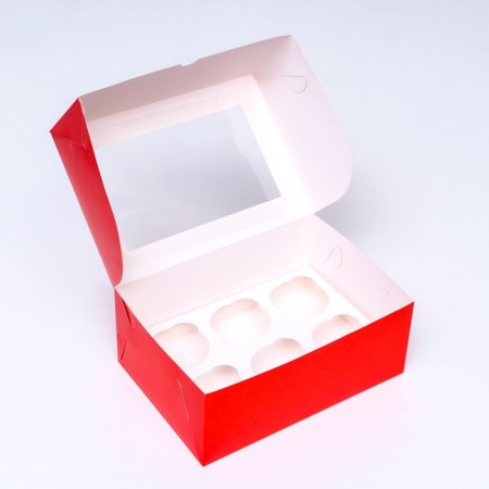 Packaging for cupcakes with a window for 6 cellulose cupcakes, scarlet, 25 x 17 x 10 cm-2