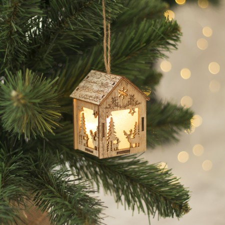 Christmas tree toy "House with a deer", from batteries, a glow of warm white