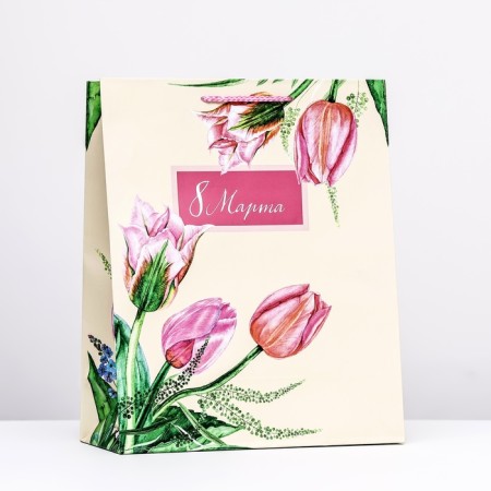 Gift package "March 8", tulips on yellow, 26 x 32 x 12 cm