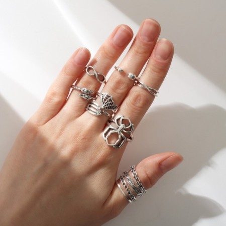 Set of rings 15 pieces "Assorted" Spider, Web, Size Mix, Color Black Silver-3