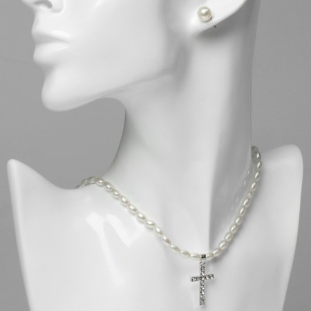 Set 2 objects: earrings, necklace "ease" Cross, white color in silver, 45 cm