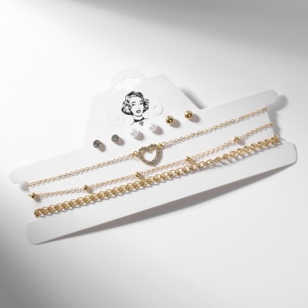 Set: 3 necklaces, 3 pairs fluffs "aesthetics" heart, white color in gold, 32 cm-1