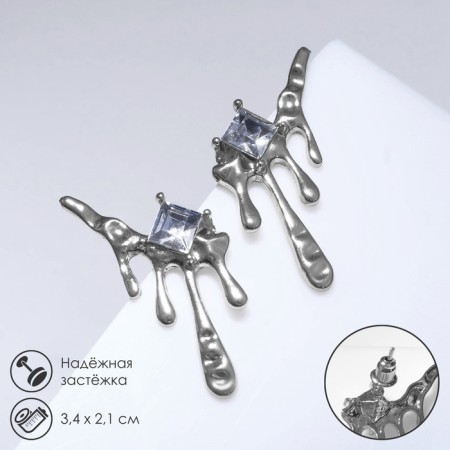 Earrings with rhinestones "melting" rhombus, white color in silver