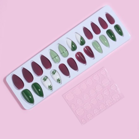 Follow nails, 24 pcs, with glue plates, almond shape, matte burgundy/green/white color-2