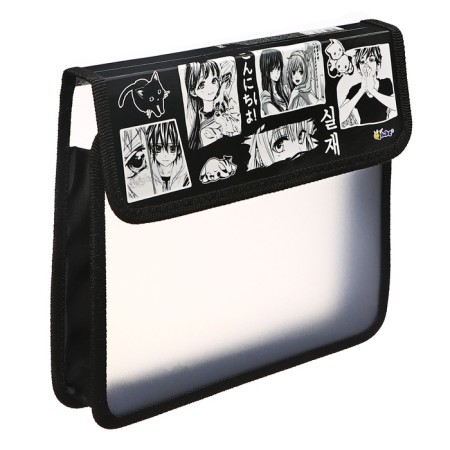 Folder for notebooks A5, 240 x 205 x 40 mm, with Velcro valve, plastic/textiles, PT-45 "anime" black/white-1