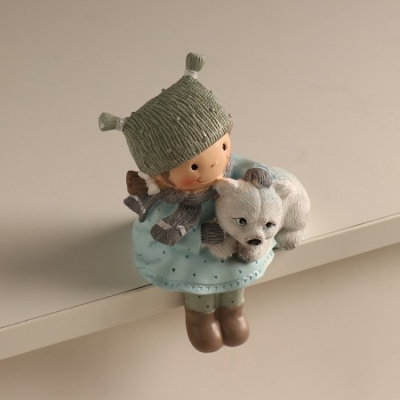 Polystone souvenir "Baby strokes the white teddy bear" Blue 9x7x13 cm-2