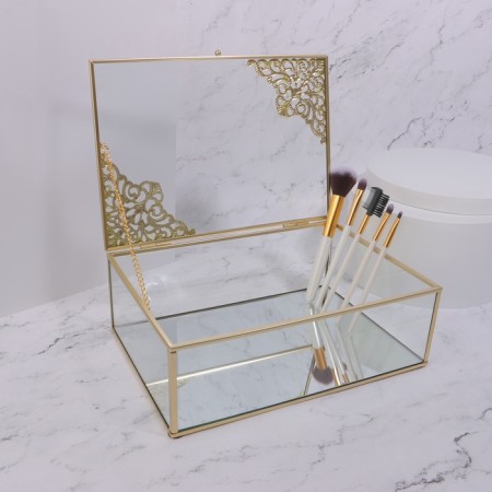 Great organizer for storage, with a lid, glass, with a mirror -bottom, 1 section, 25 × 17.5 × 8.5 cm, the color is transparent/copper-4