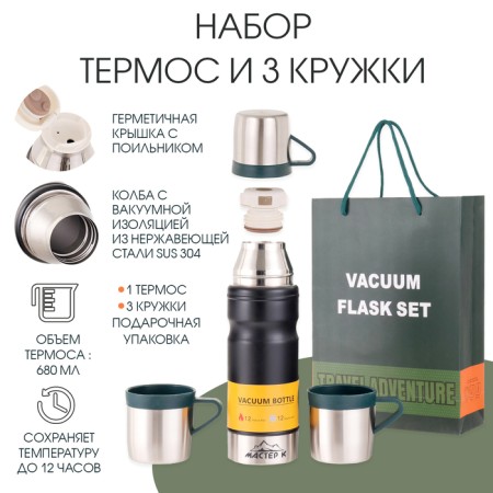 Set "Master K": Thermos 680 ml and 3 circles, retains heat 12 hours, black