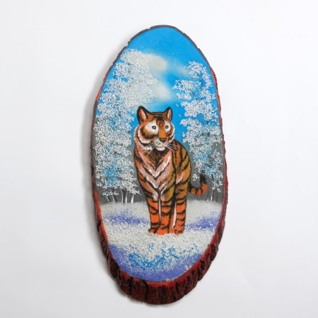 Panel on the saw "Winter. Tigerok", 57-62 cm, stone baby, vertical