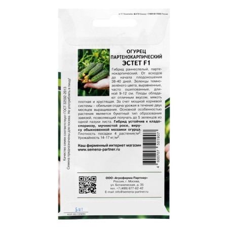 Seeds Cucumber Parthenocarpic "esthete" F1, 5 pcs.-1