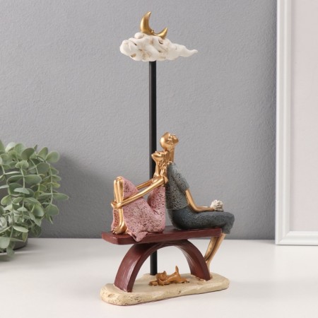 Polystone souvenir "A couple with a dog under a cloud with a month" pink-blue 7x16x31 cm-1
