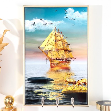Klyuchnitsa plastic, MDF 3 hooks "Shine of the ship" rhinestones, gold 19.3x1.8x29 cm
