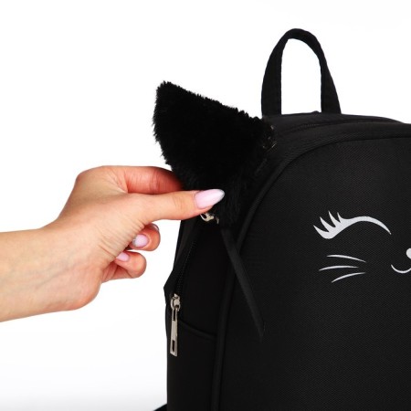 School textile backpack with ears on the hairpins "Cat", 27x23 cm, black color-7