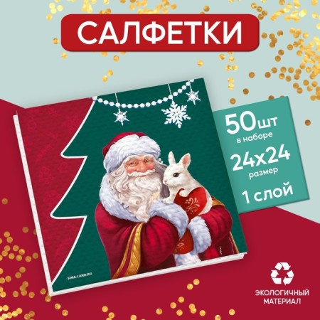 Napkins Paper Single -layer New Year's "Santa Claus", 24 × 24 cm, set 50 pcs., For the New Year