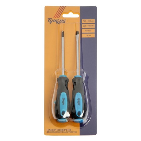 A set of screwdrivers of tundra, satin, magnet, two -component handles, PH1 and SL5 x 100 mm, 2 pcs.-3