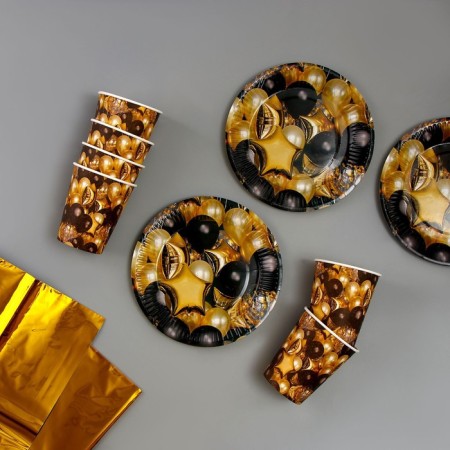 A set of paper dishes disposable black gold! Balls ": 6 plates, 6 glasses, tablecloth-1