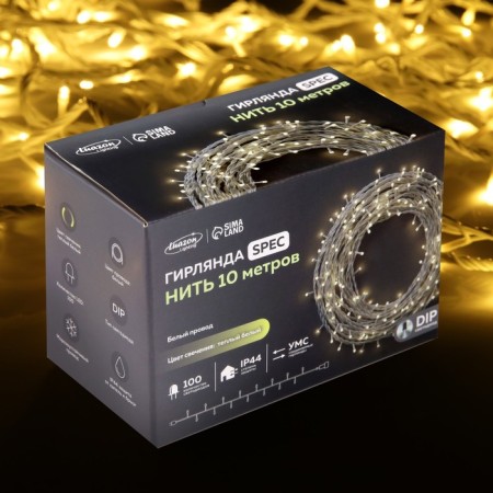Garland “thread” 10 m, IP44, UMS, white thread, 100 LED, glow warm white, 220 V-7