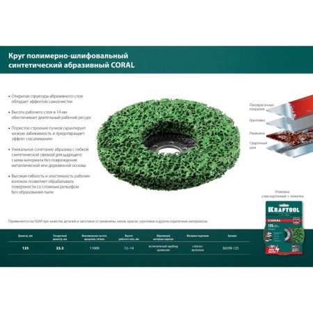 Polymer-grinding circle Kraftool 36599-125, abrasive, d = 22.2 mm, 125 mm-6