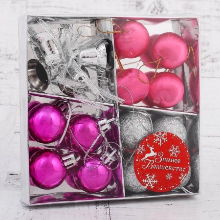 A set of jewelry plastic 16 pcs "carnival" (12 balls, 4 bells) silver, raspberry-1