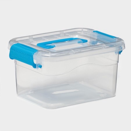 Storage container, cover with a handle on the latch, plastic, 1.35 l, 18.5 × 13 × 9.7 cm, transparent/blue-1