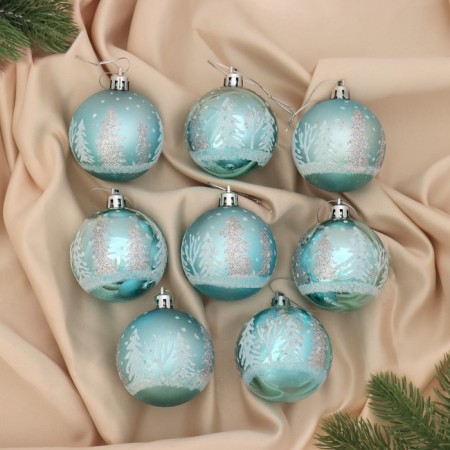 Set of balls plastic D-6 cm, 8 pcs "Snow Christmas trees" blue
