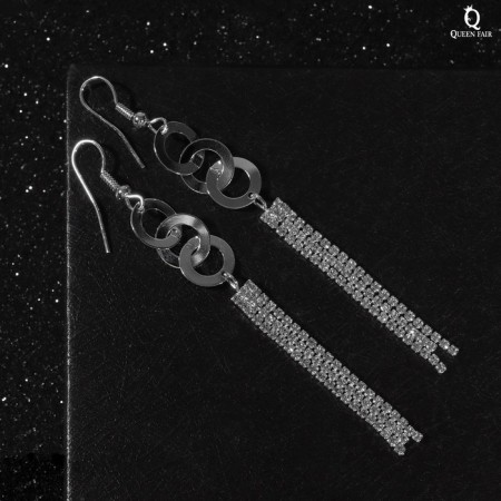 Hanging earrings with rhinestones "evening" thread and ring, white color in silver, 10 cm-1