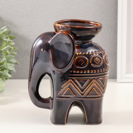 Ceramics candlestick on 1 candle "Elephant. Ethnic patterns" Brown 10x14.5x18 cm-1