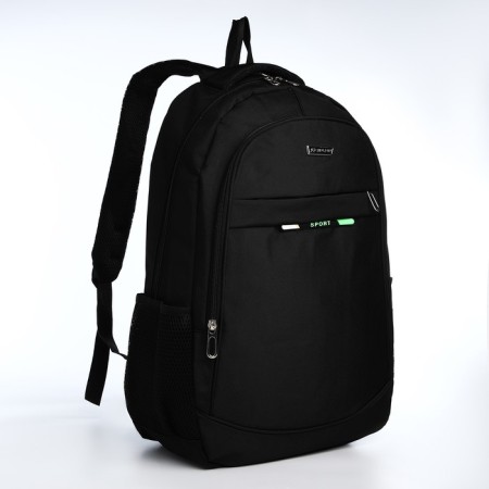 Young backpack from textiles with a zipper, 4 pockets, black/green color-2