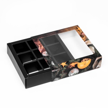 New Year. Box for 9 sweets "Mandarins", 13.7 x 13.7 x 3.5 cm, confectionery packaging-9