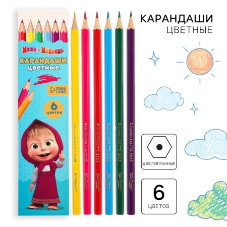 Color pencils, 6 colors, hexagonal, Masha and the bear