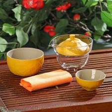 A set for the tea ceremony ceramic “lemon”, 6 objects: a glass bowl with a lid 210 ml, 2 ceramic bowls 40 ml and 150 ml, a napkin, bag, yellow color