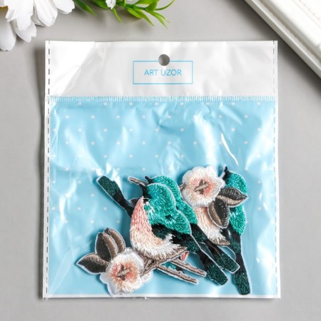 Decor for creativity Textile embroidery "Bird on a branch with a flower" 6.5x6.2 cm-2
