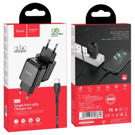 Network charger Hoco N2, USB - 2.1 a, Type -C 1 m cable, black-5
