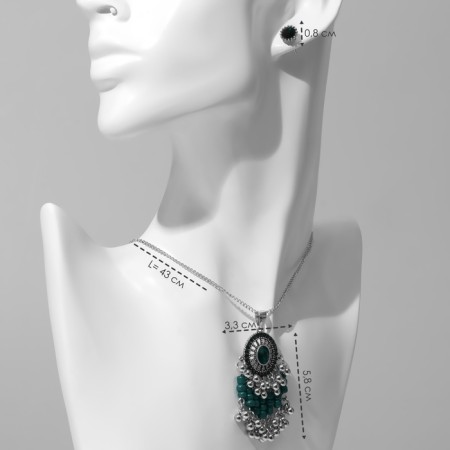 Set 2 objects: earrings, pendant "solo" oval, green color in black silver, 48 cm-1