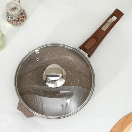 Granite pan, d = 22 cm, removable handle, glass cover, anti -stick coating, brown color-2