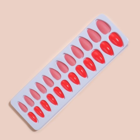 False nails, 24 pcs, with adhesive plates, almond shape, neon/matte pink color-5