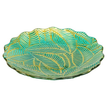Glass dish with wavy edges "leaves", d = 305 mm, green / gold color-2