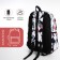 A backpack with a zipper, 3 outer pockets, black/red color