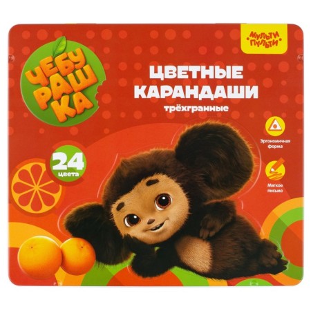Pencils are colored 24 colors, multi-bullets "Cheburashka", trihedral, sharpened, metal pencil case