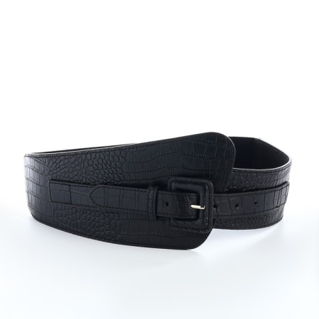 Women's belt, width 11 cm, leather buckle, black color-3