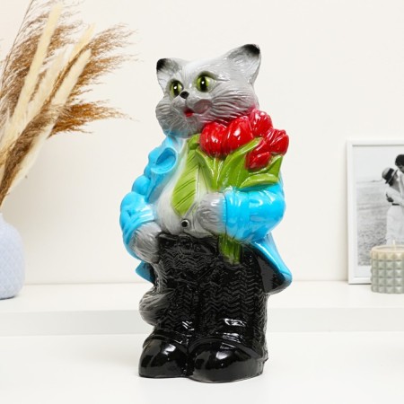 Pig a piggy bank "Cat large with tulips" gray 20x23x41cm mix-1