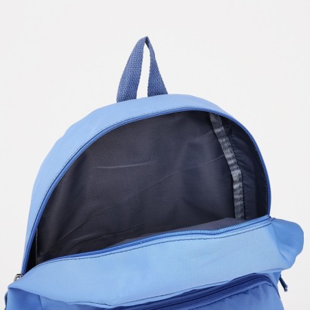 A backpack with a zipper, 4 external pockets, the color is light blue-4