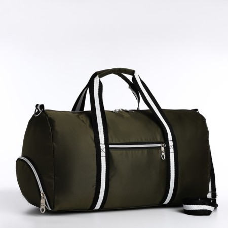 Road bag with zipper, external pocket, shoe compartment, long belt, khaki color
