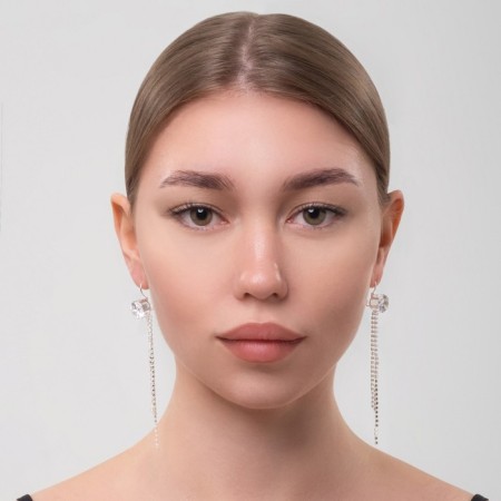Hanging earrings with “Evening” large crystal, 3 lines, white color in silver, 9 cm-3